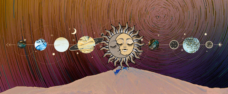 Mixed media image of the sun, moon and planets over a mountain with star trails in the background